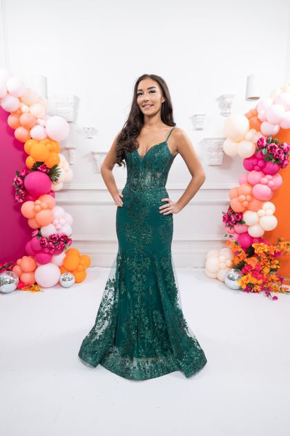 green sparkly prom dress.