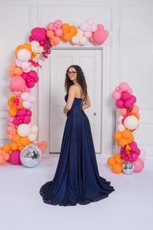 midnight blue a-line prom dress, photo 2