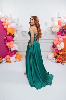 Green satin corset A-line, prom dress at The Prom Collection in Cleveleys, Lancashire, photo 2