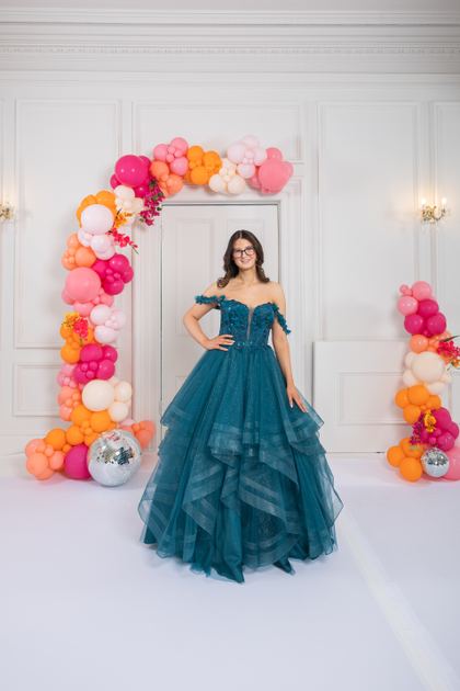 teal waterfall prom dress