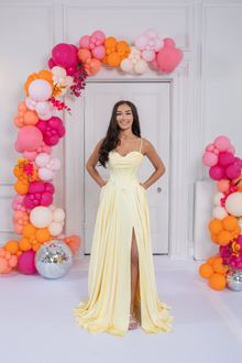 satin prom dress navy yellow pink, photo 3