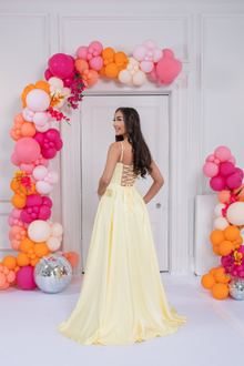 satin prom dress navy yellow pink, photo 4
