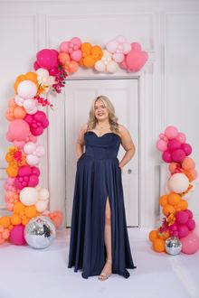 satin prom dress navy yellow pink, photo 1