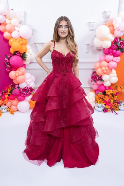 Burgundy waterfall prom dress