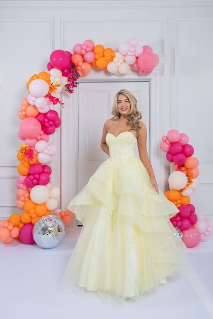 yellow pink prom dress waterfall ballgown
