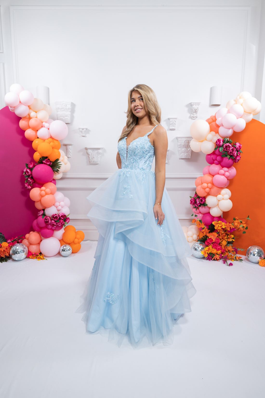 blue prom dress waterfall skirt