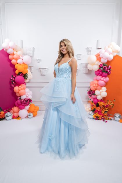 blue prom dress waterfall skirt