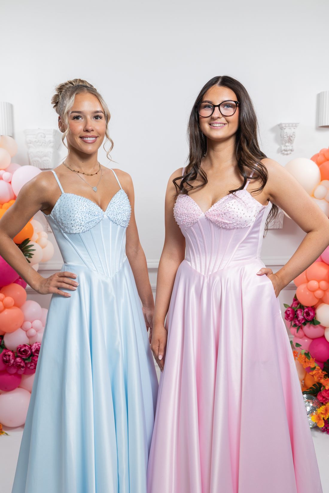 pink blue satin ball gown prom dress
