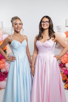 pink blue satin ball gown prom dress, photo 1