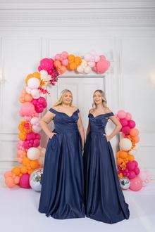 navy blue satin prom dress, photo 1