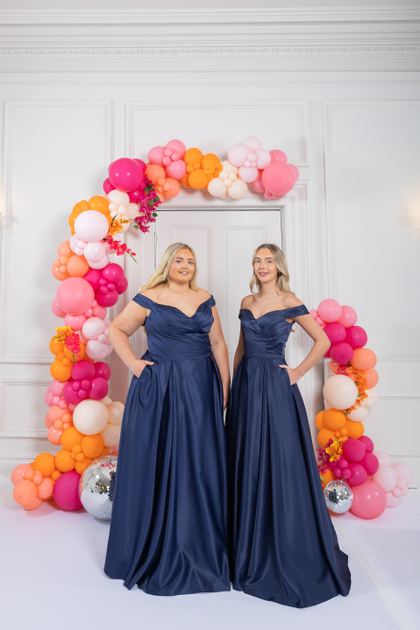 navy blue satin prom dress
