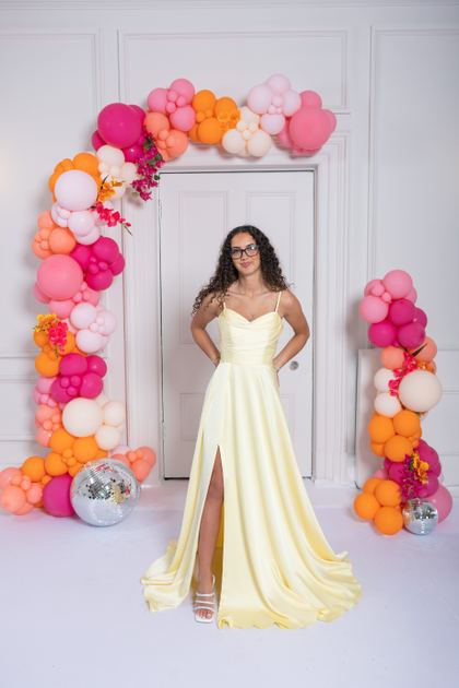 satin prom dress lemon red