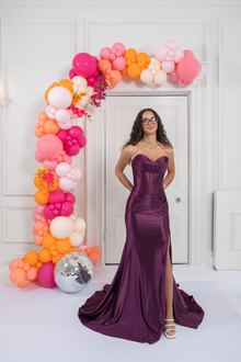 plum satin prom dress, photo 1