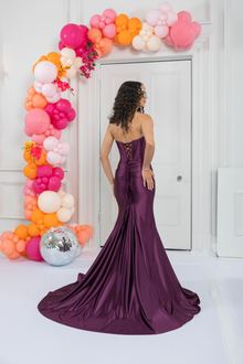 plum satin prom dress, photo 2