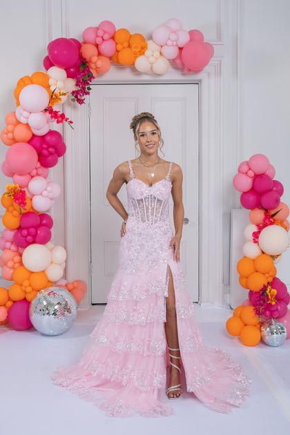 pink tiered skirt prom dress