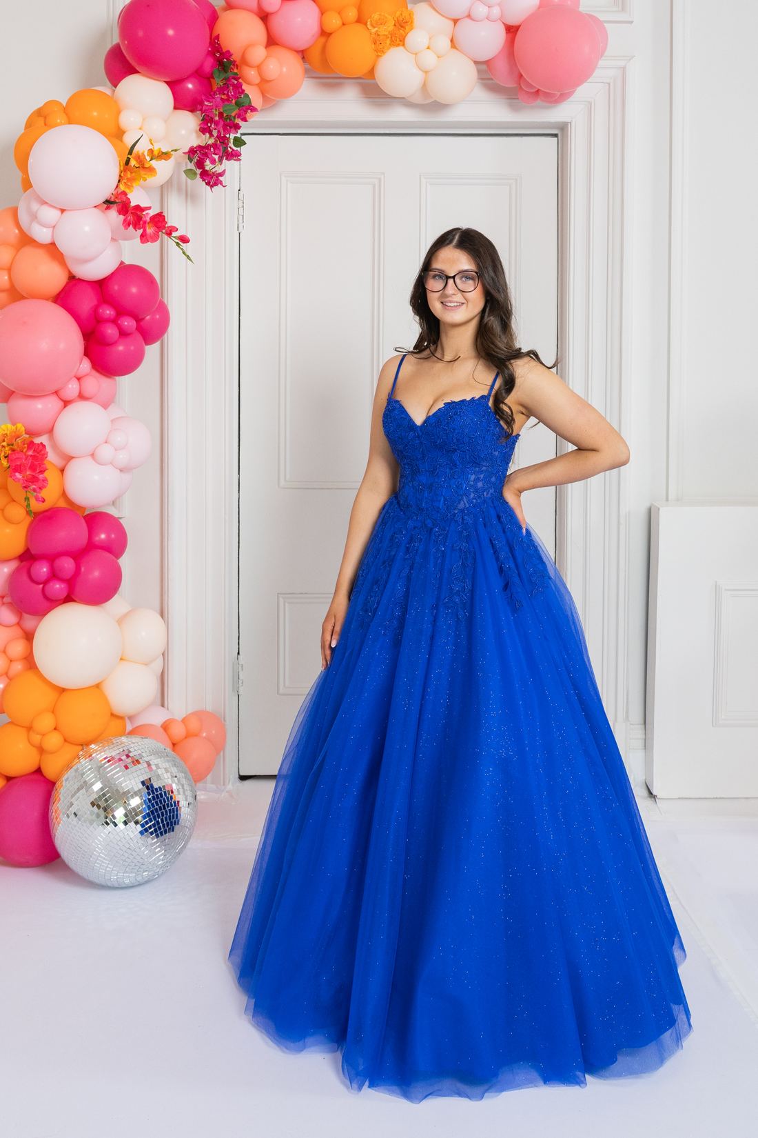 royal blue a-line glittery prom dress