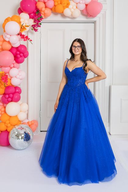 royal blue a-line glittery prom dress