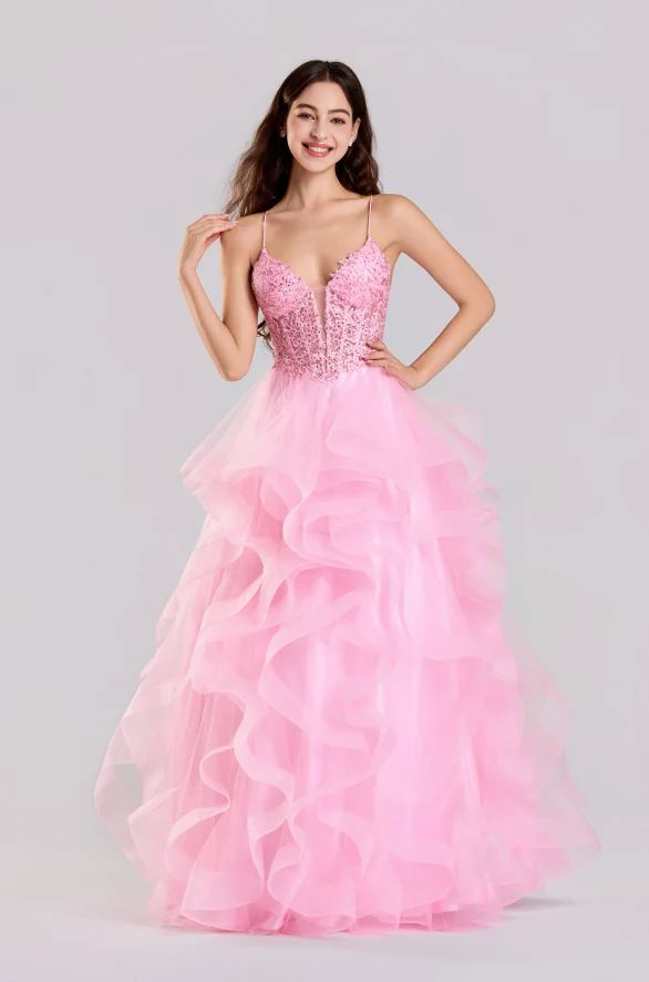 pink waterfall prom dress