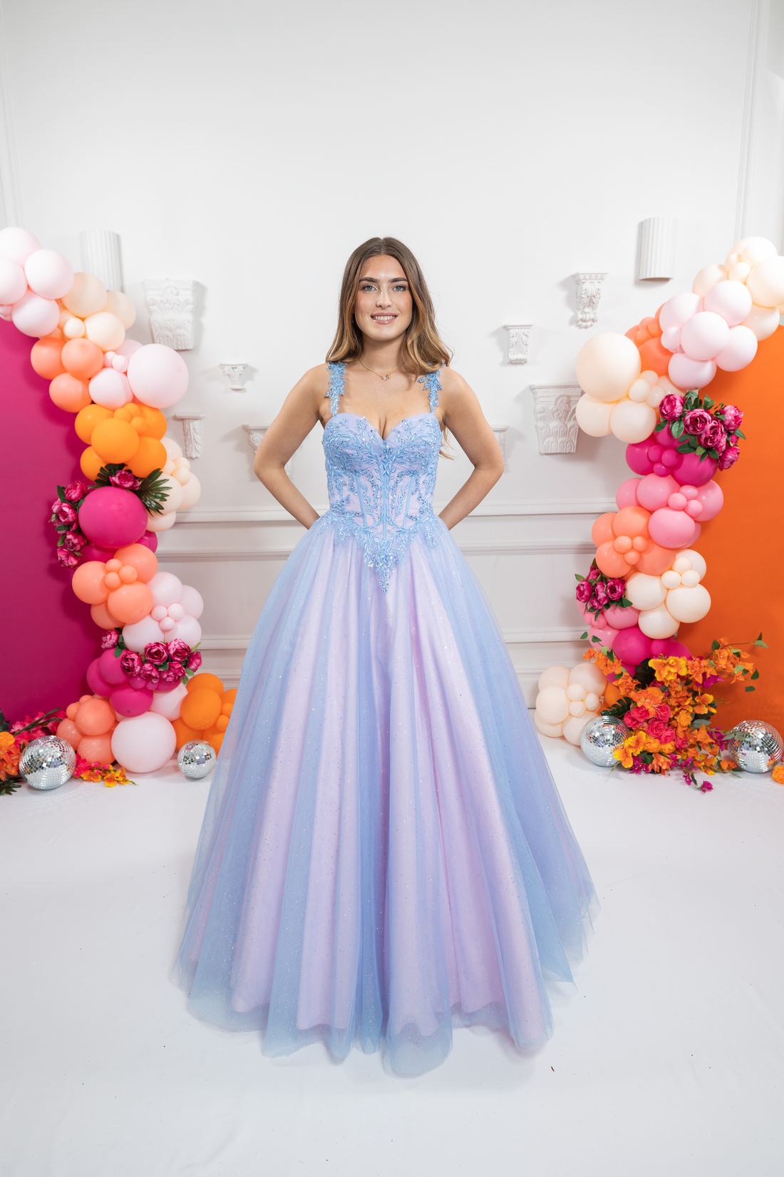 pink blue prom dress